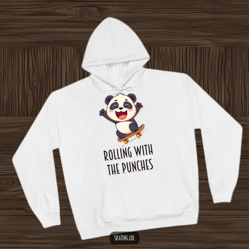 Funny panda wearing a hoodie, skateboarding downhill with a big smile, perfect for cozy and humorous wear.