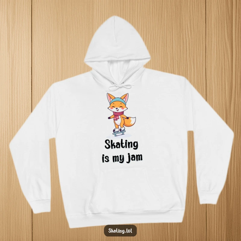 Funny Hoodie featuring a happy fox character smiling while balancing on ice skates, designed for warmth and winter style.