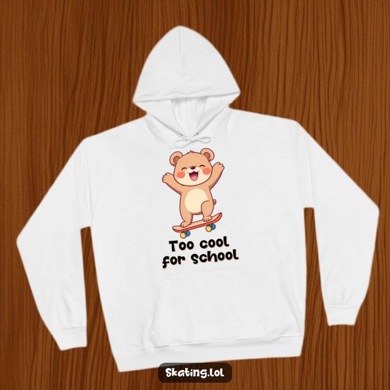Funny bear in a hoodie, balancing on a skateboard, arms flailing, laughing, cozy and funny gift.