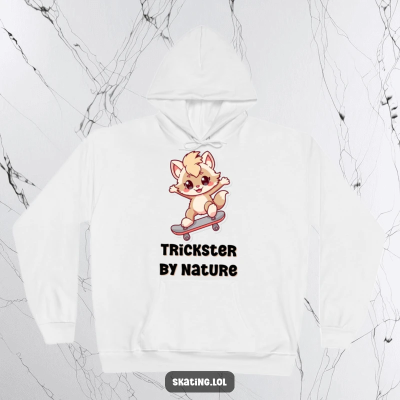 Funny Hoodie: A furry character with a playful smirk performs a kickflip on a skateboard, designed for comfort and style.