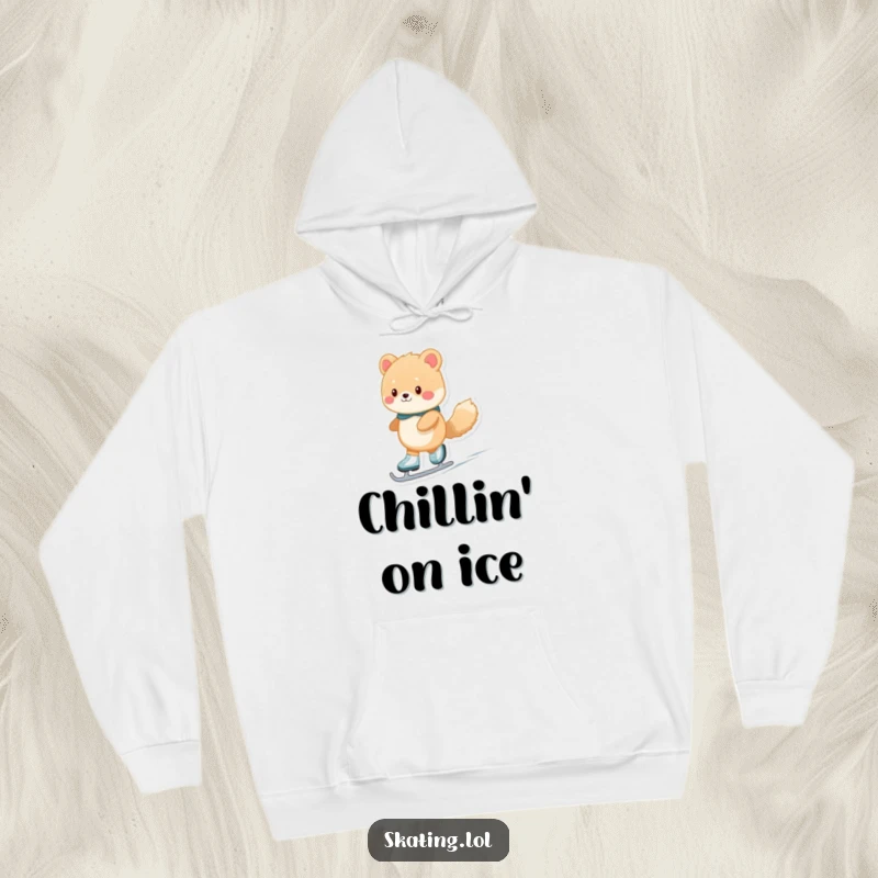 Funny fuzzy animal character gliding smoothly on ice skates, featured on a warm hoodie, designed for cozy humor and laughter.