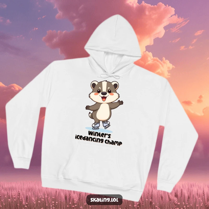 Funny ice skating badger hoodie, a jubilant creature doing a pirouette on ice, cozy and humorous apparel.