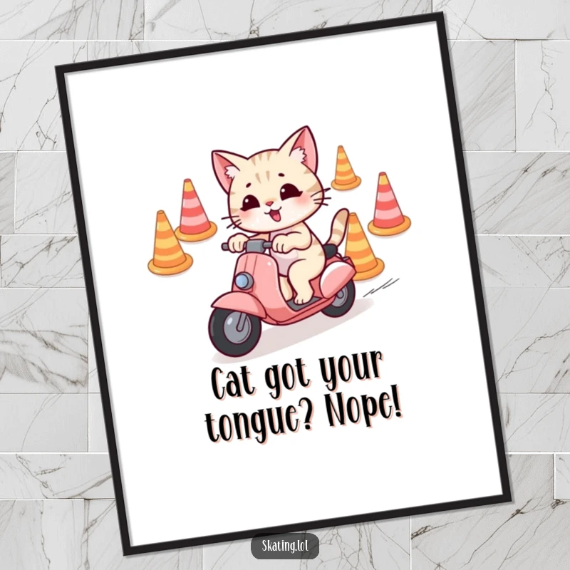 Funny Free Printable Wall Art of a playful cat expertly weaving through traffic cones on a scooter, full of action and fun.