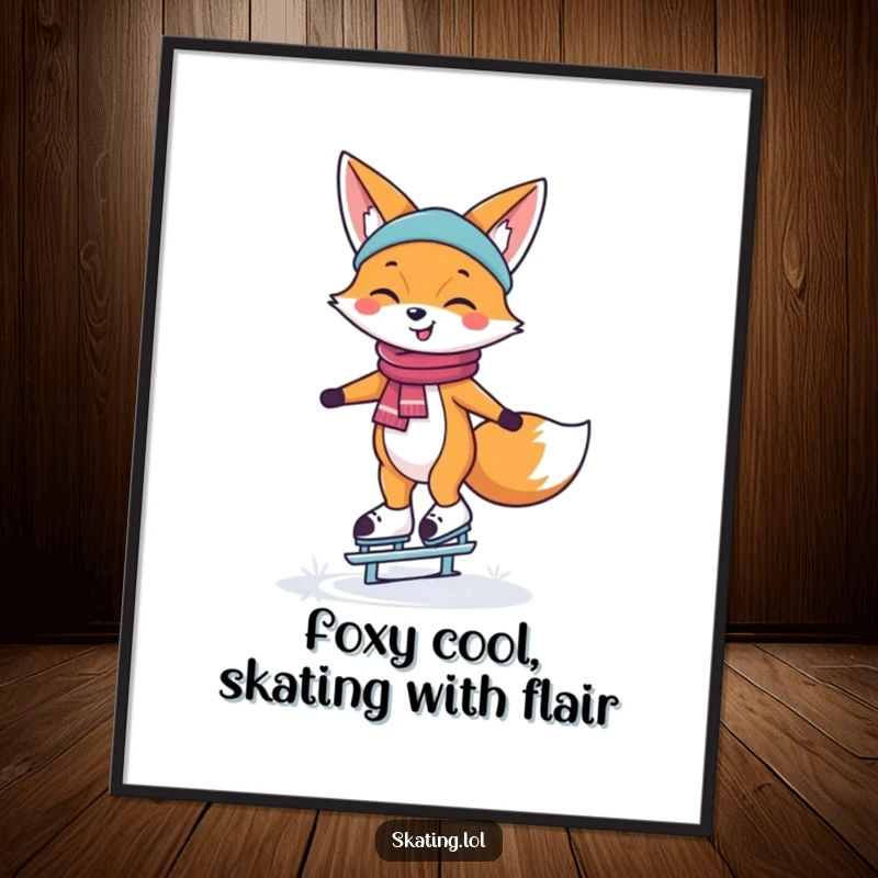 Funny Free Printable Wall Art of a happy fox balancing effortlessly on ice skates, radiating cool and cheerful vibes.