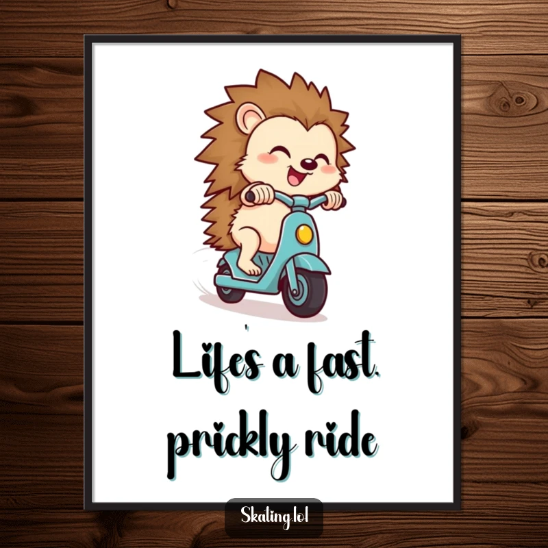 Funny Free Printable Wall Art: Small hedgehog zipping downhill on a scooter, radiating pure delight and fun.