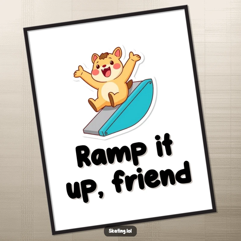 Funny Free Printable Wall Art: Enthusiastic animal character sliding down a ramp with a triumphant flourish on a skateboard, full of energy.