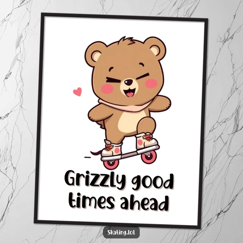 Funny Free Printable Wall Art: Bear character winking and performing a trick on inline skates with a mischievous smile.