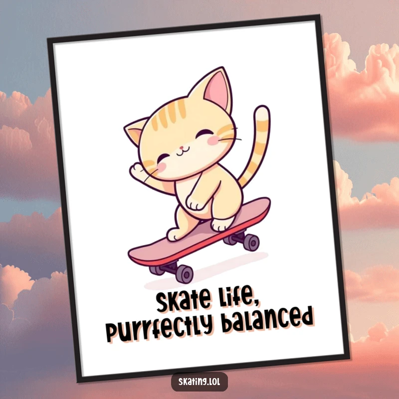 Funny Free Printable Wall Art: A happy cat with perfect balance, gracefully skateboarding with pure joy and a high tail.