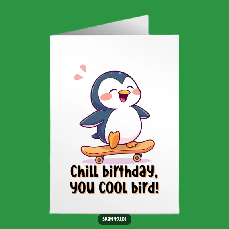 Free Printable Birthday Card: Sideways Penguin Skater - Funny Gift!