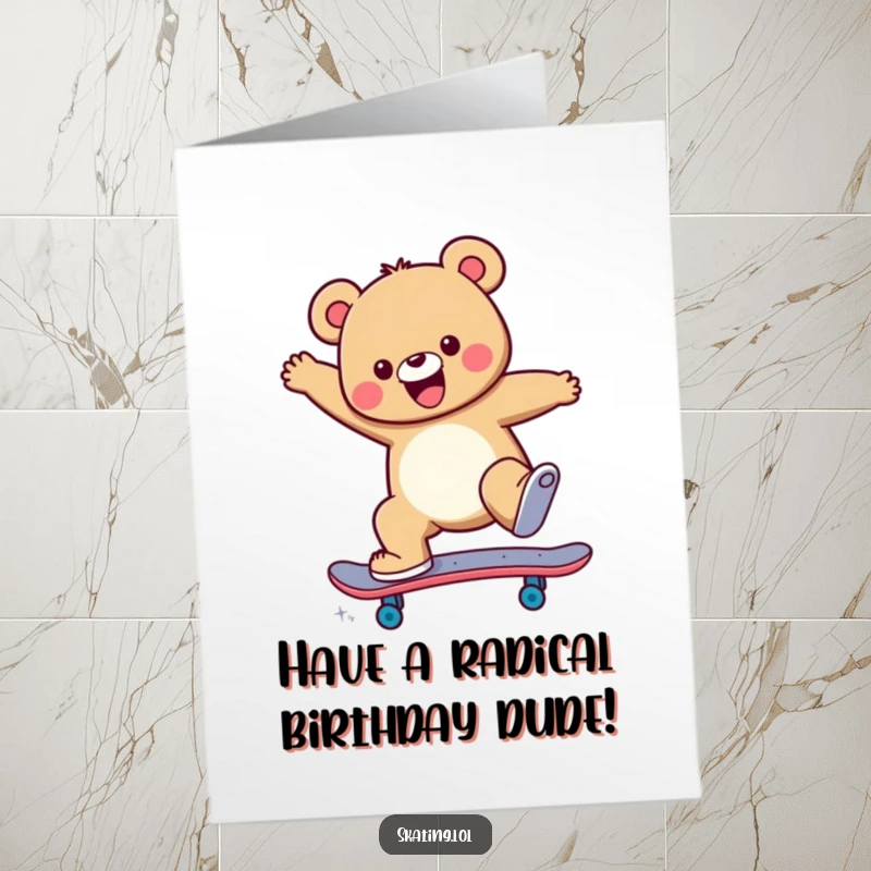 Funny Free Printable Birthday Card featuring a cheerful bear ollie-ing on a skateboard, ready to party with a big grin.