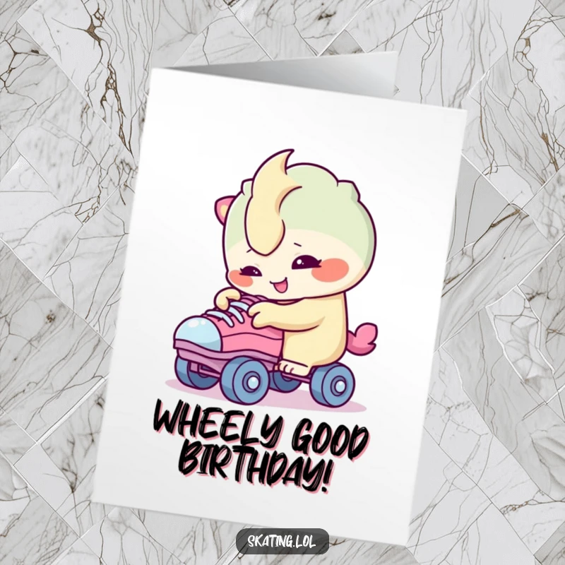 Funny Free Printable Birthday Card: Creature character curiously examining roller skate wheels with a big smile, ready to roll.