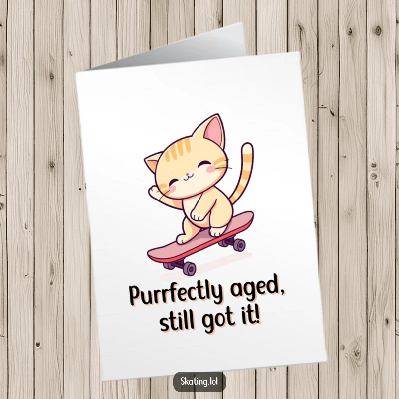 Funny Free Printable Birthday Card: A happy cat smoothly skateboarding, tail high, ready to shred your birthday wishes.