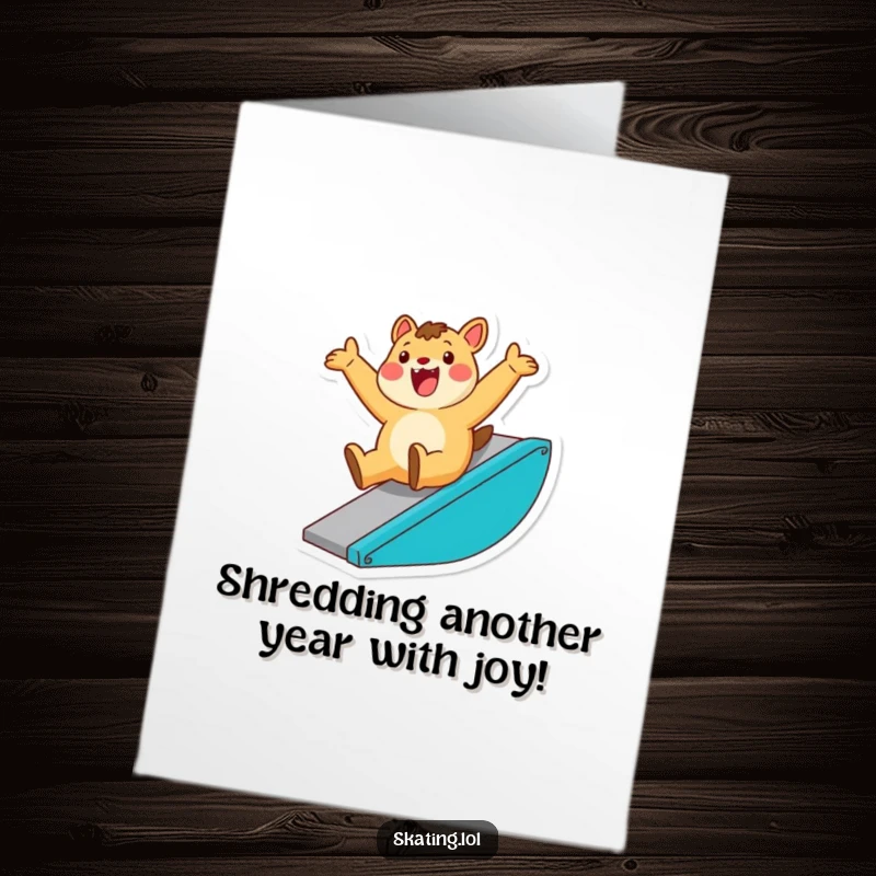 Funny Free Printable Birthday Card: Enthusiastic animal character triumphantly sliding down a ramp on a skateboard, full of joy.