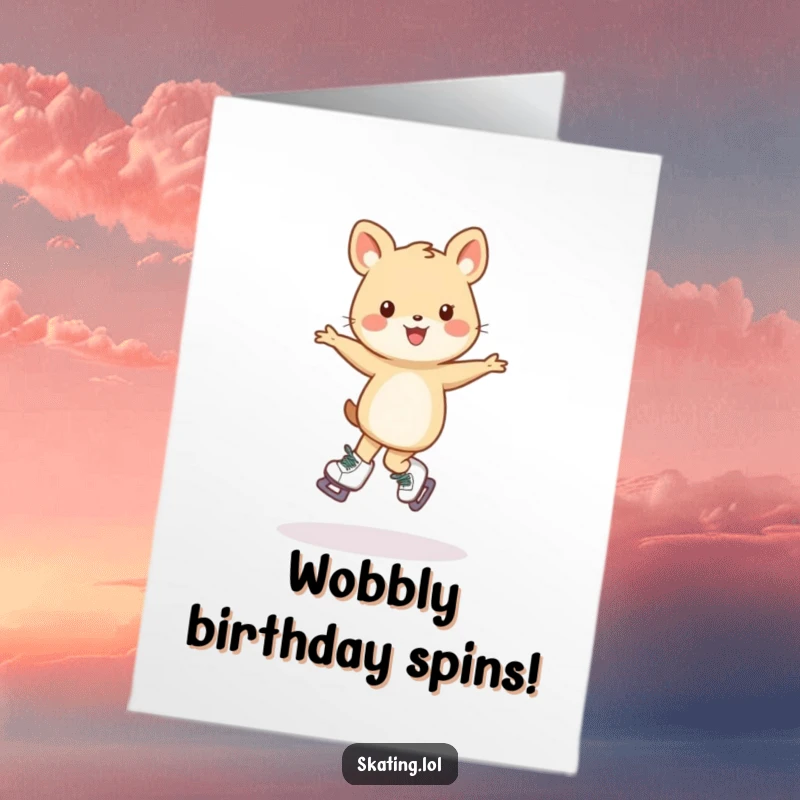 Funny Free Printable Birthday Card: Small animal character doing a wobbly, joyful pirouette on ice skates, pure birthday fun.
