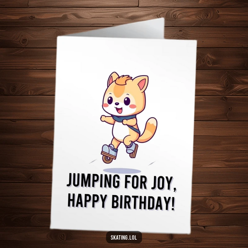 Funny Free Printable Birthday Card: A wheeled animal character happily performing a small jump on inline skates. Energetic and humorous.