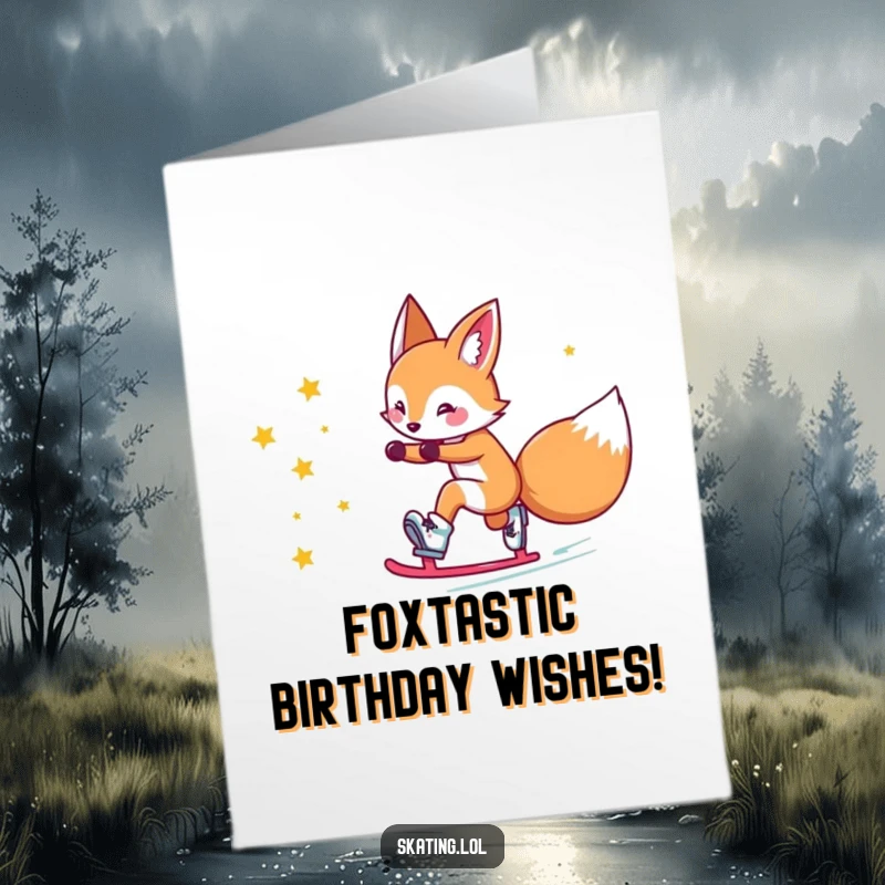 Funny Free Printable Birthday Card: Cute fox character stylishly sliding on roller skates, leaving a trail of shimmering stars.