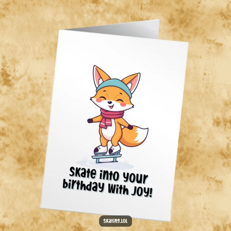 Funny Free Printable Birthday Card featuring a happy fox gracefully balancing on ice skates with a cheerful, wide smile.