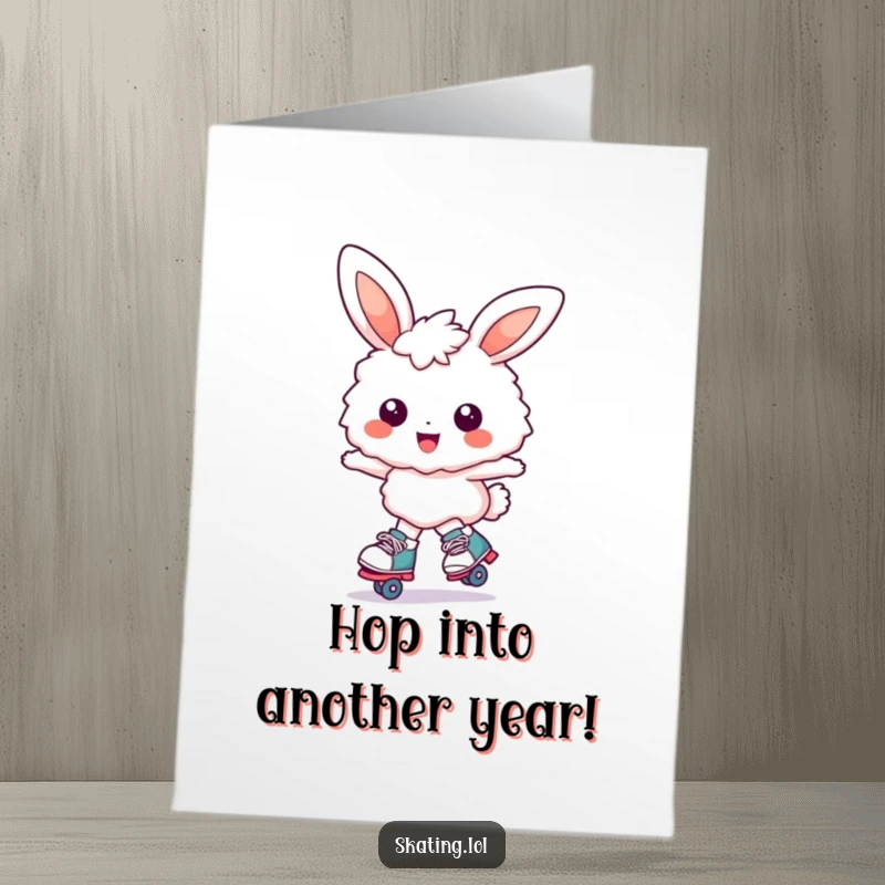 Funny Free Printable Birthday Card: Fluffy bunny character happily gliding on roller skates with an enormous, infectious smile.