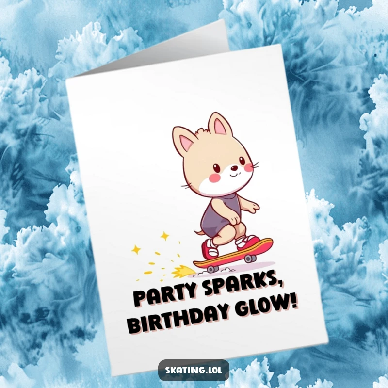 Funny Free Printable Birthday Card: Animal character skating joyfully, leaving a colorful trail of happy sparks.
