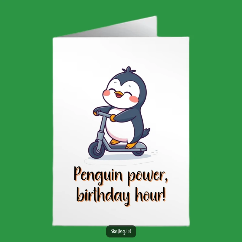 Free Printable Penguin Kick Scooter Birthday Card - Funny Downloadable Gift for Kids
