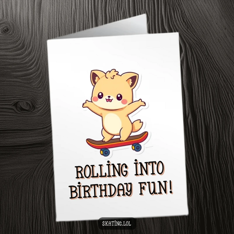 Free Printable Birthday Card featuring a cute animal character smoothly gliding on a skateboard with arms outstretched in a pose of joyful freedom.