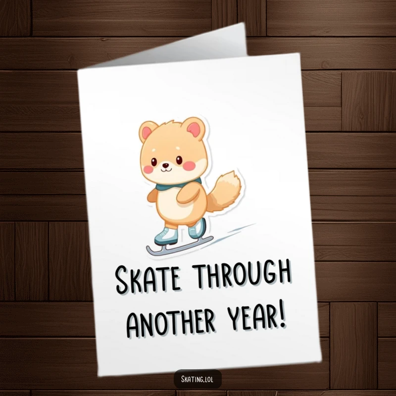 Funny Free Printable Birthday Card: Fuzzy animal wobbling on ice skates, ready for a birthday surprise.