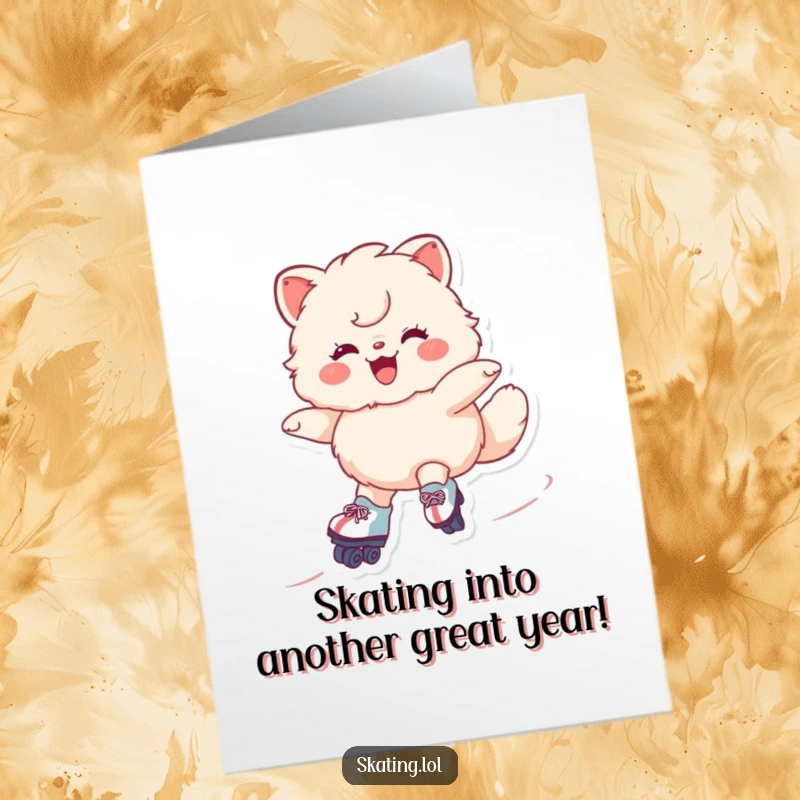 Funny Free Printable Birthday Card: A happy fluffy animal effortlessly gliding on roller skates with a wide grin. Joyful and humorous.