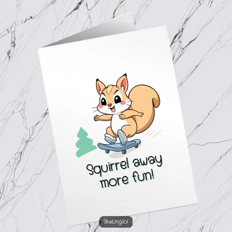 Funny Free Printable Birthday Card: Happy squirrel character zooming downhill on roller skates at breakneck speed, full of excitement.