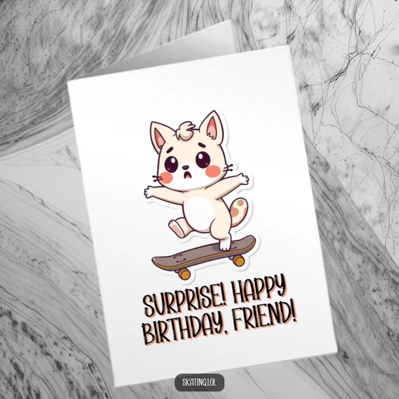 Funny Free Printable Birthday Card: A cute animal character in a surprised spin on a skateboard. Hilarious and energetic.