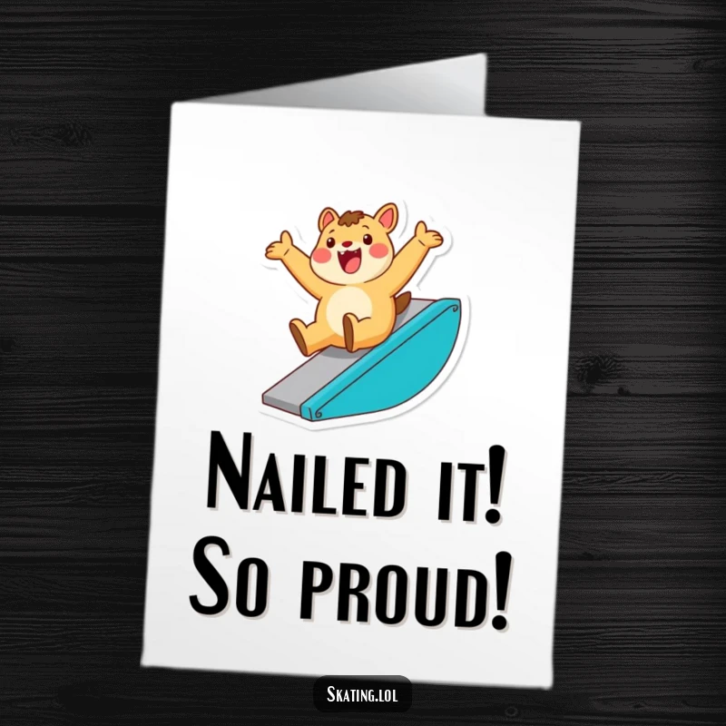 Funny Free Printable Congratulations Card: Enthusiastic animal character sliding down a ramp with a triumphant flourish on a skateboard.