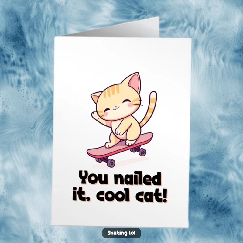Funny Free Printable Congratulations Card: A cool cat effortlessly skateboarding, celebrating your awesome achievement with style.