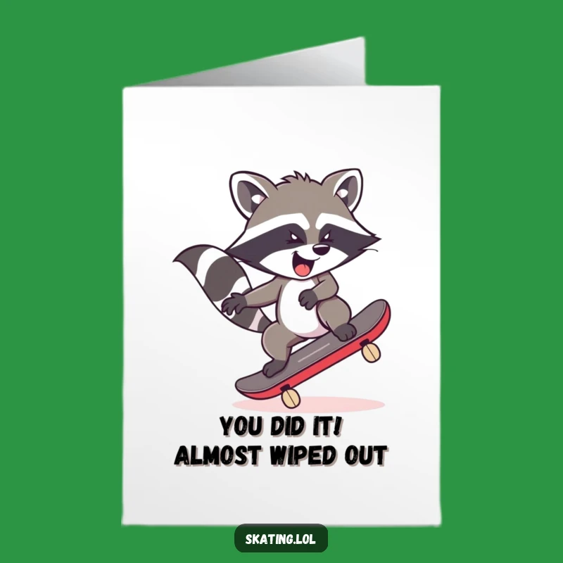 Free Printable Congrats Card: Wobbly Raccoon Skater - Funny Download!