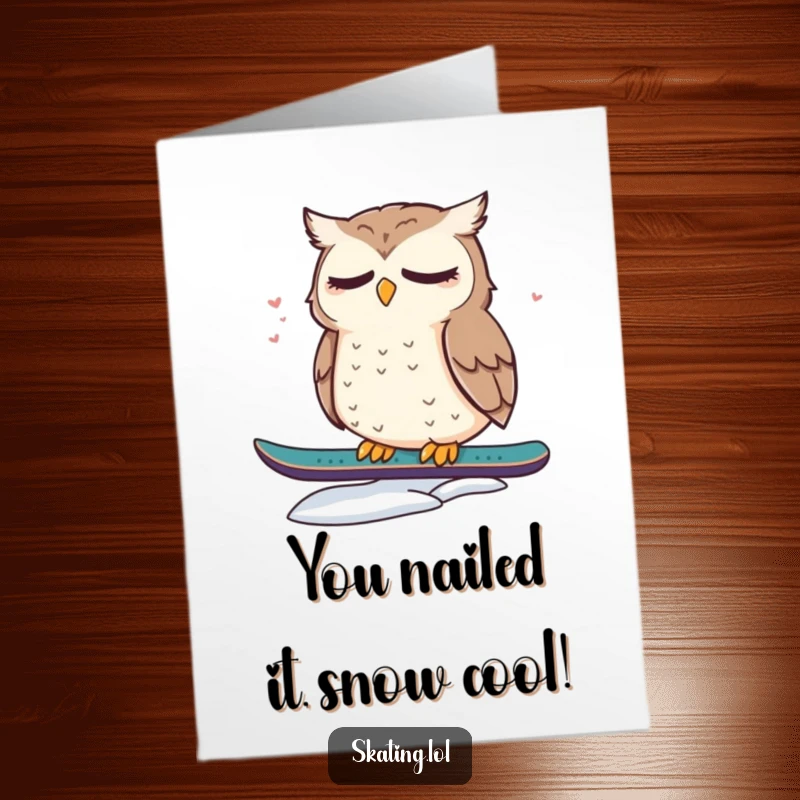 Funny Free Printable Congrats Card: A sleepy owl sits dazed and cute on a snowboard, looking proud.