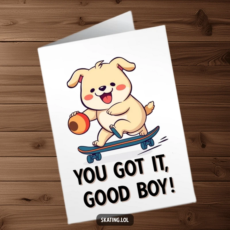 Funny Free Printable Congratulations Card: A joyful dog on a skateboard, celebrating your victory with a ball and pure excitement.
