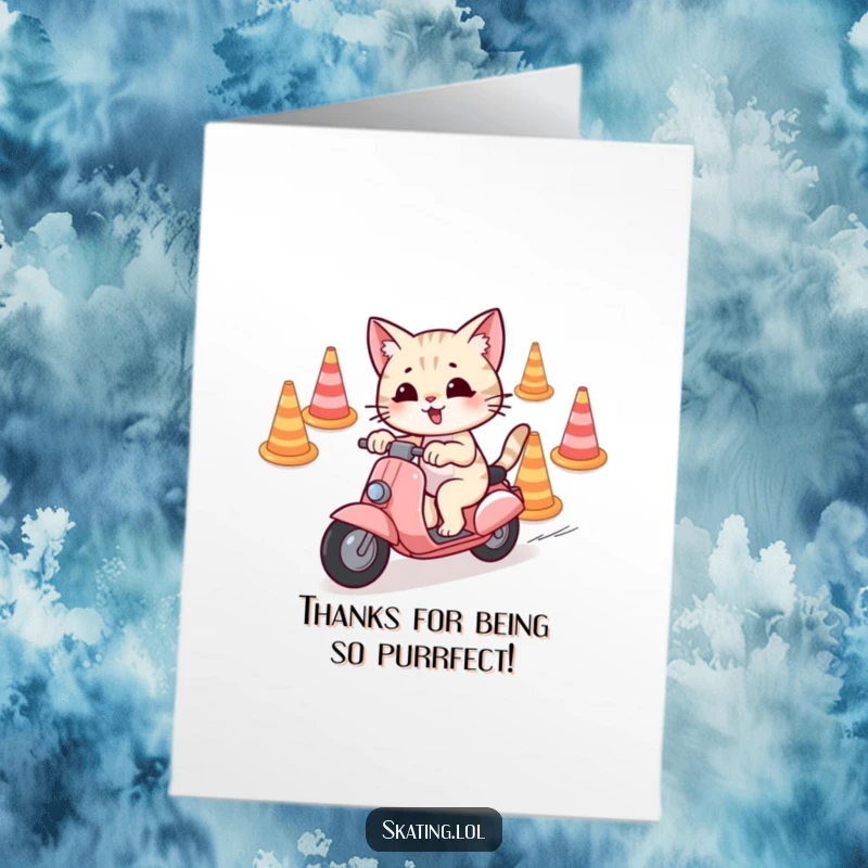 Funny Free Printable Thank You Card featuring a playful cat weaving through cones on a scooter, sending thanks with a cheeky grin.
