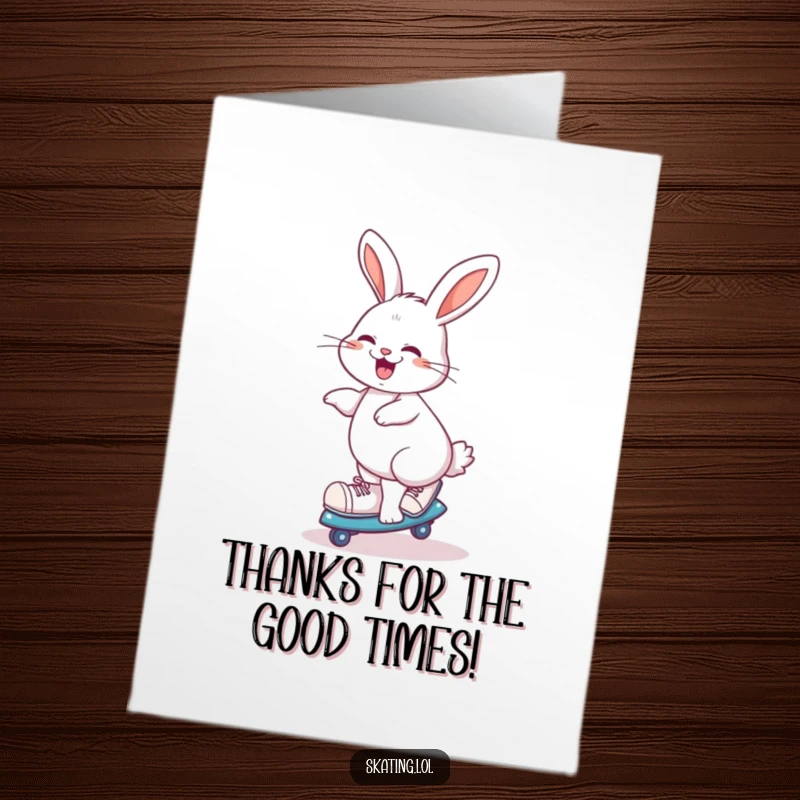 Funny free printable thank you card of a giggling rabbit doing a playful spin on roller skates.