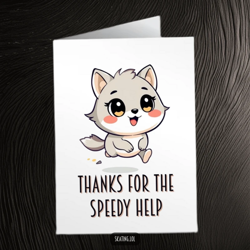 Funny free printable thank you card: A round, cheerful animal character racing with wind, conveying thanks with speed.