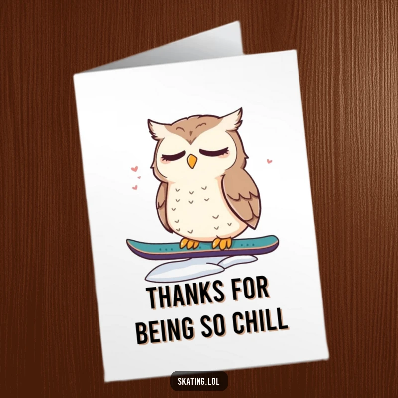 Funny Free Printable Thank You Card: A sleepy owl sits dazed and cute on a snowboard, offering thanks.