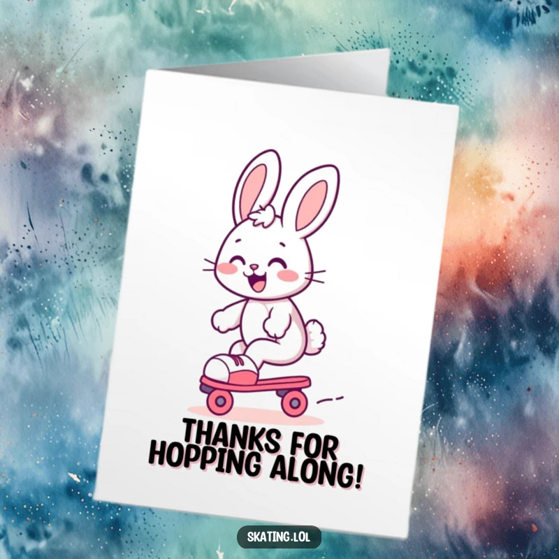 Funny Free Printable Thank You Card: Cute bunny on roller skates, gliding joyfully, perfect for a fun thank you.