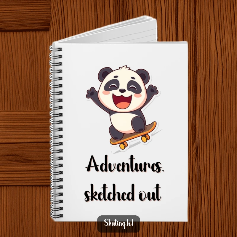 Funny panda skateboarding downhill with a grin, featured on a notebook cover for study or work.