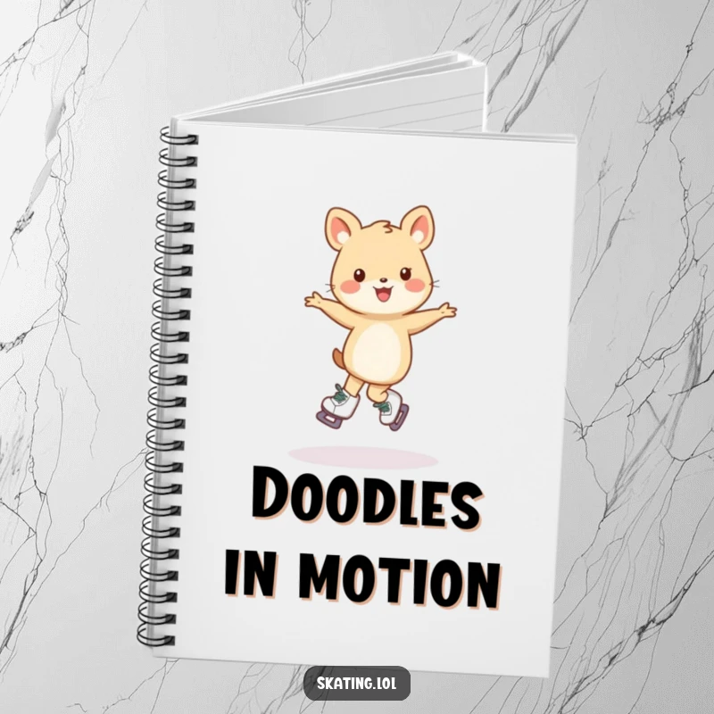 Funny notebook with a small animal character doing a wobbly pirouette on skates, ideal for notes and humorous inspiration.