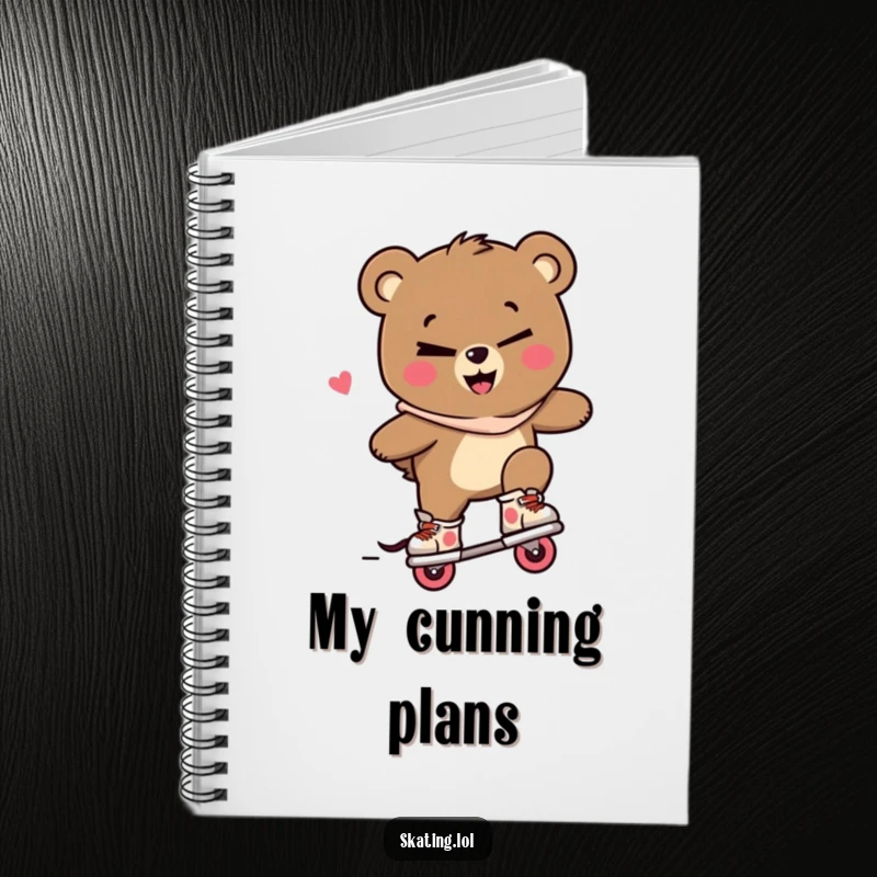 Funny bear notebook, a bear character winking and performing a trick on inline skates with a mischievous smile, making notes fun.