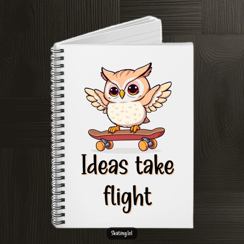 Funny Owl Skateboarder Notebook: A curious owl steers a skateboard with its wings, inspiring wise notes.