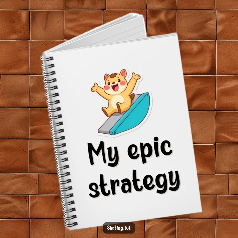 Funny notebook featuring an enthusiastic animal character sliding down a ramp with a triumphant flourish, ideal for capturing successful ideas.
