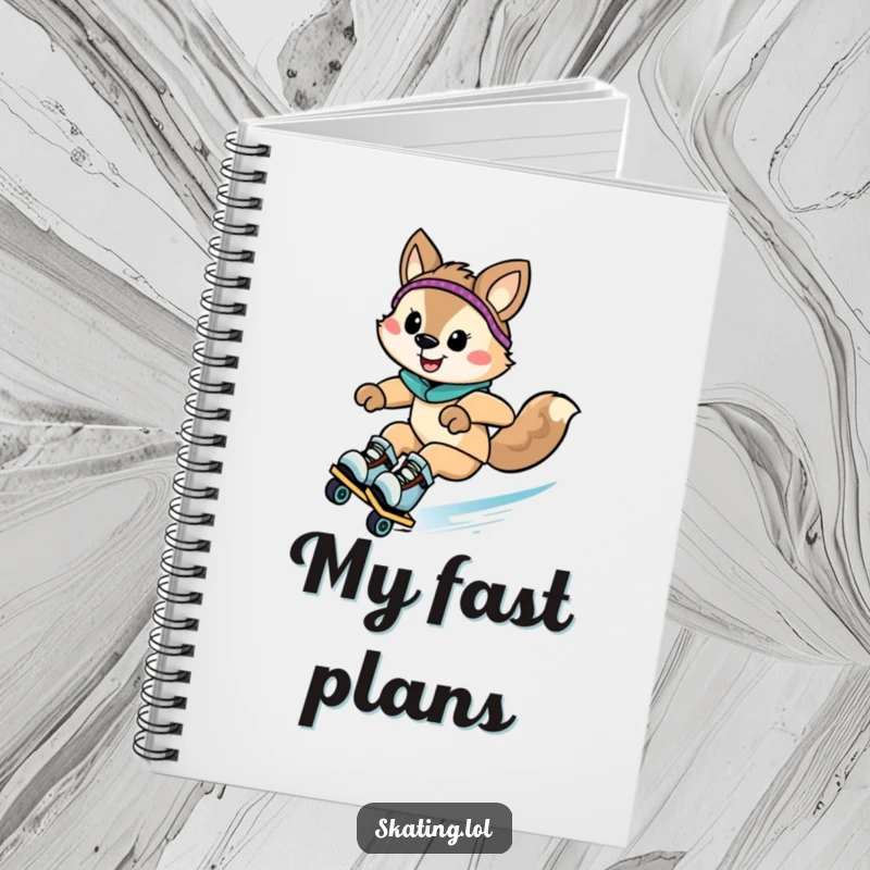 Funny animal character zooming downhill on rollerblades with a grin on a notebook cover, for comedic note-taking.