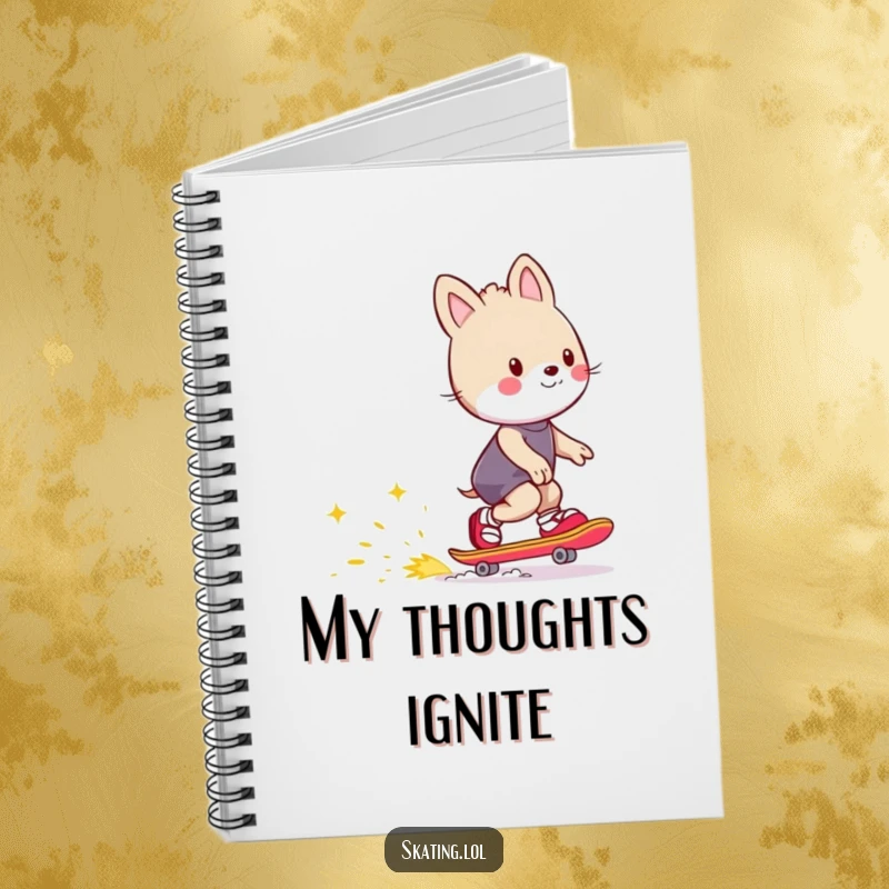 Funny notebook with an animal character skating and leaving a trail of happy sparks, ideal for jotting notes with energetic humor.