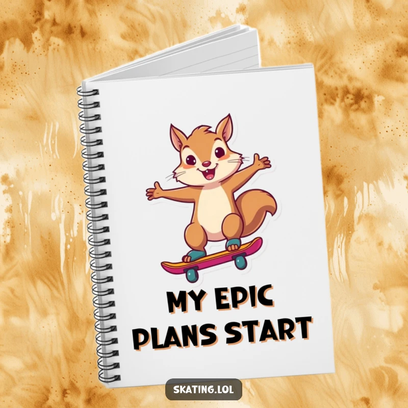 Funny squirrel executing a triumphant skate trick on the cover of a notebook, ready for writing.