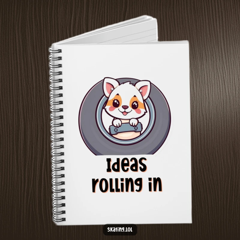 Funny notebook cover showcasing a whimsical animal peeking from behind a large skateboard wheel, inspiring creative writing.