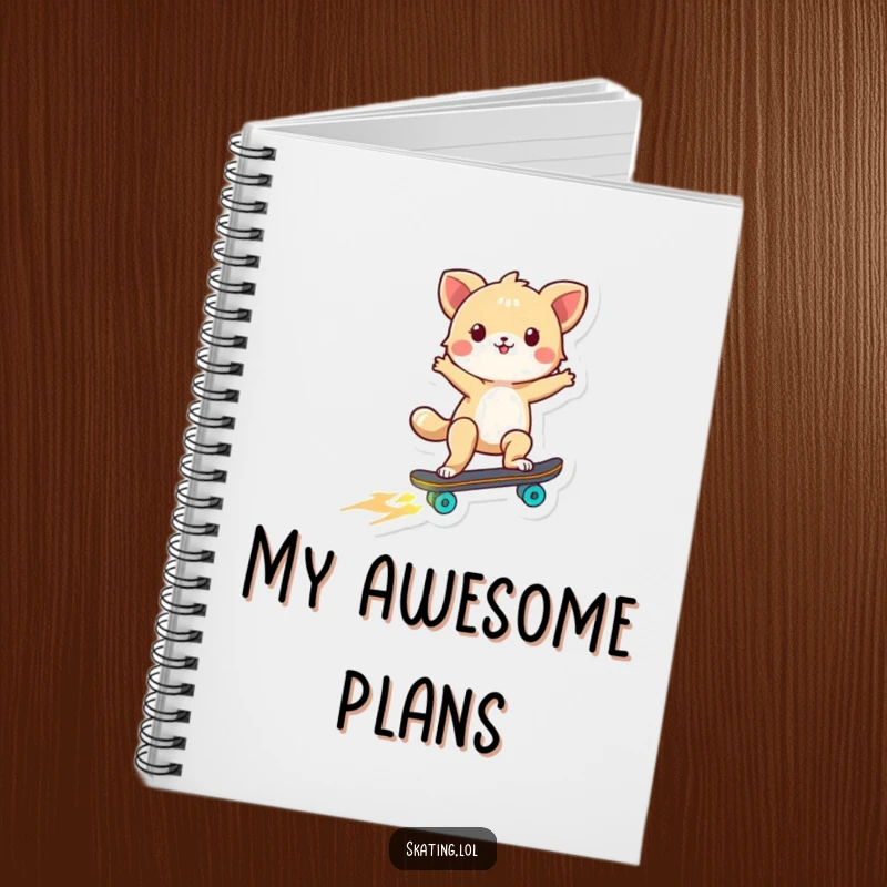 Funny notebook cover with a tiny animal performing a skateboard stunt, its wheels emitting a radiant glow, inspiring creativity.