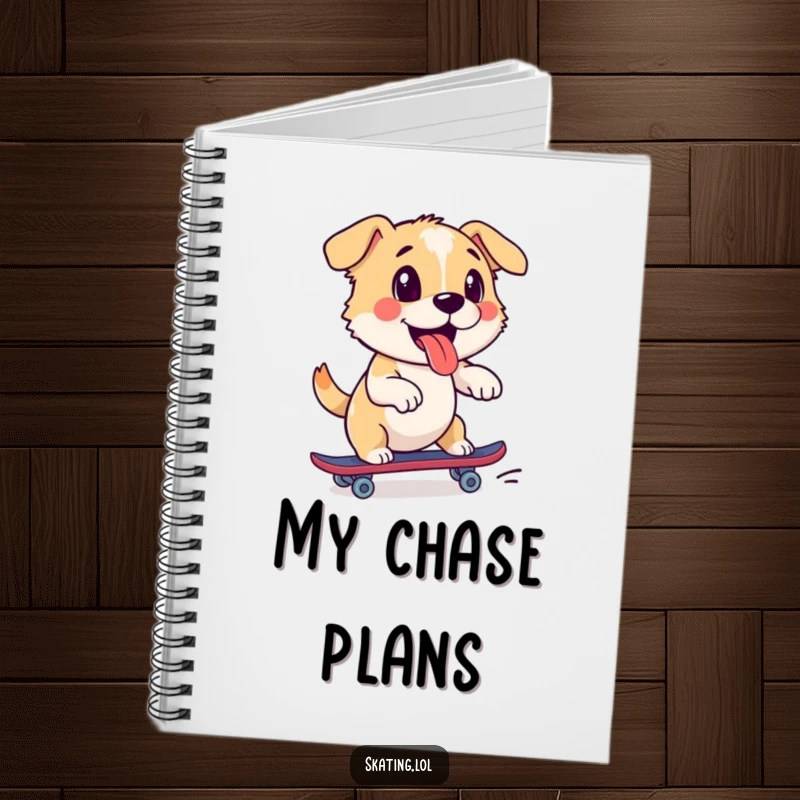 Funny dog notebook with a playful pup enthusiastically pushing off on a roller skate, ideal for capturing notes with energy.
